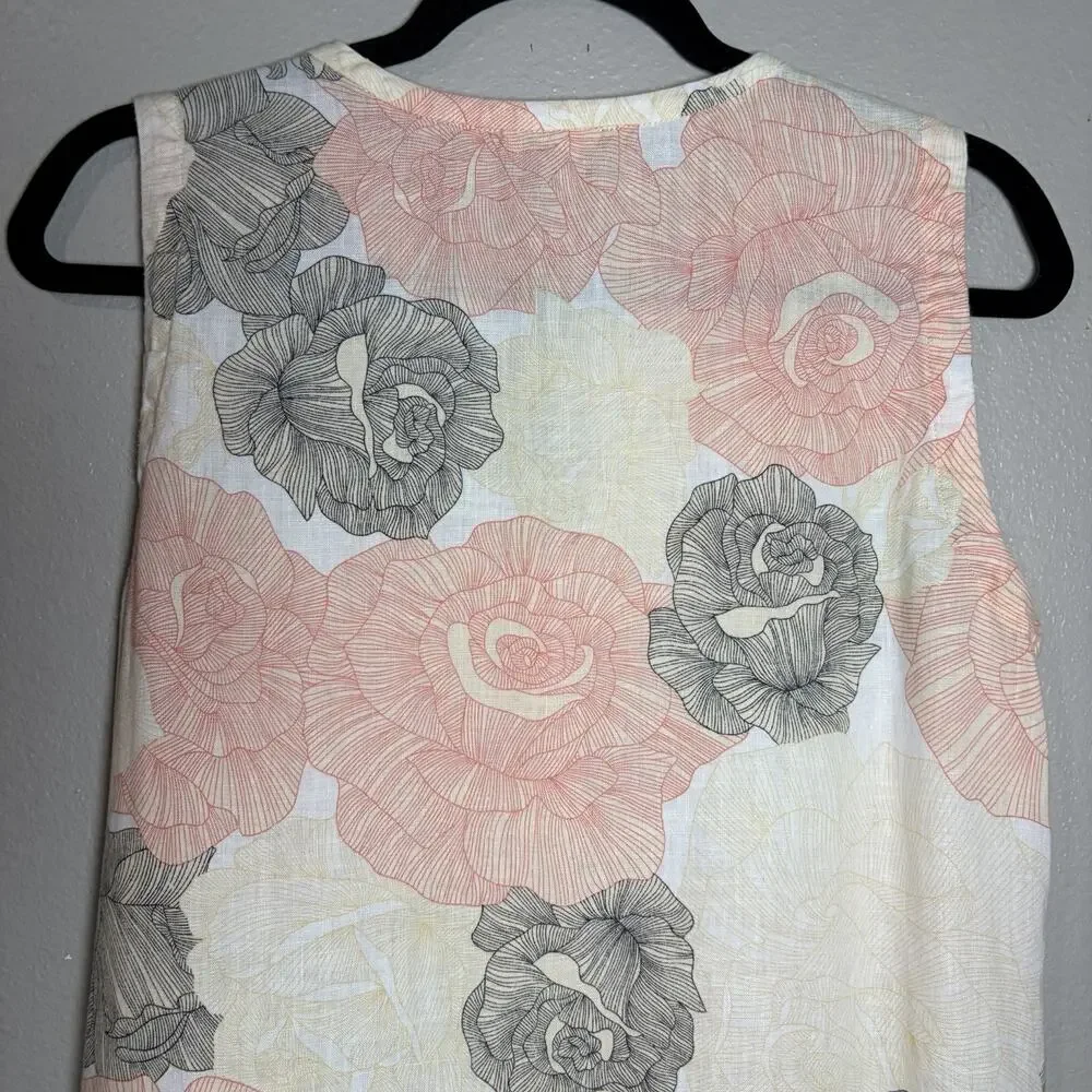 Joan Vass Sleeveless Dress Size Medium 100% Linen Floral Maxi Beach Casual